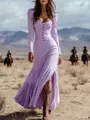 Vintage lavender Western maxi dress with long sleeves and buttons in a desert setting - Lavender