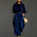 Stijlvolle marineblauwe fluwelen loungeset voor dames met hoodie en broek met boorden - S / Boven- En Onderstuk / Blauw