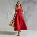 Elegant red sleeveless summer dress with front buttons and wide flared skirt for women - S / Elegant Swing Style (1147) / Red
