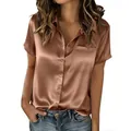 Close-up detail of women's short-sleeved bronze satin shirt with turn-down collar - Champagne
