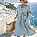 Elegant light blue summer maxi dress with V-neck, black piping detail and waist twist knot - S / Dresses / Blue