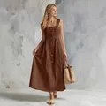 Elegant brown button-front sleeveless midi strap dress with flared skirt on female model - S / Elegant Swing Style (1147) / Coffee