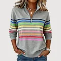 Felpa casual da donna grigia con mezza zip e vivaci strisce arcobaleno orizzontali - XS / Top / Grigio