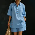 Casual light blue two-piece linen set with short-sleeve button-down shirt and shorts - S / Top And Bottom / Blue