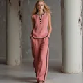 Elegant women's pink sleeveless top and wide-leg pants two-piece set with black trim detail - S / Top And Bottom / Rose Red