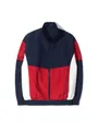 Vista frontal de un cortavientos deportivo con cuello alto y cremallera de colores - Rojo y Azul Oscuro
