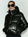 Damen Premium-Pufferjacke in Schwarz glänzend mit Kapuze Wintermantel Variante - XS / Oberteile / Schwarz