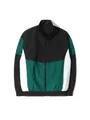 Vista detallada de un cortavientos con diseño de bloques en negro, verde y blanco. - Verde Patchwork Negro