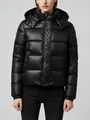 Detailed front view of a shiny black women's hooded puffer jacket for winter - S / Tops / Black (Upgraded Version)