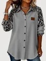 Casual women's long sleeve shirt featuring leopard print stitching and ribbed texture. - XS / Tops / Gray