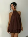 Elegant brown halter neck mini dress with layered ruffle hem for summer vacation style - XS / Coffee
