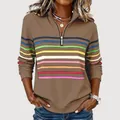 Vista dettagliata della felpa a maniche lunghe da donna con strisce colorate - XS / Top / Kaki