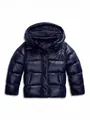 Detail shot of shiny navy blue hooded puffer jacket for women winter wear - S / Tops / Blue