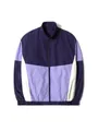 Detailed front view of a color-blocked outdoor windbreaker in purple and white shades - XS / Tops / Black/Purple