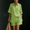 Casual lime green short sleeve button-up shirt and matching shorts two-piece outfit set - S / Top And Bottom / Green