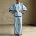 Elegant light blue batwing sleeve linen two-piece set with black trim for women - S / Top And Bottom / Blue