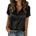Close-up of elegant black short sleeve satin button-down shirt with a chest pocket - S / Tops / Black
