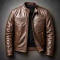 Gedetailleerd overzicht van een bruin heren motorjack van PU-leer met opstaande kraag - 4XL / Tops / koffiekleur