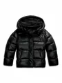 Front view detail of a high-gloss black hooded puffer jacket for women winter wear - S / Tops / Black