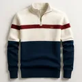 Front view of men's half-zip knit sweater showing the navy, burgundy and cream color-block. - S / Tops / White