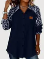 Detail view of navy leopard print patchwork lapel long sleeve casual shirt for women - XS / Tops / Navy Blue
