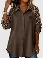 Close-up of women's leopard print spliced shirt with ribbed texture and lapel collar - XS / Tops / Coffee