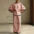 Elegant women's pink linen-cotton two-piece set with batwing sleeves and black contrast trim. - S / Top And Bottom / Pink
