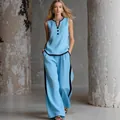 Elegant women's sleeveless button top and wide-leg trousers two-piece set in light blue - S / Top And Bottom / Sky Blue
