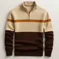 Detailed view of a men's half-zip knit sweater with brown and beige color-blocking. - S / Tops / Khaki