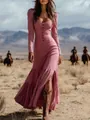Retro western style mauve maxi dress with front buttons and tiered ruffled skirt - Rouge Red