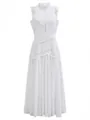Full front view of elegant white lace sleeveless maxi dress with hollow out details - XS / Top And Bottom / White