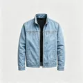Front view of a light blue vintage men's workwear denim jacket with zip pockets - 3XL / Tops / Denim Blue
