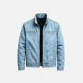 Front view of a light blue vintage men's workwear denim jacket with zip pockets - 3XL / Tops / Denim Blue