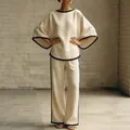 Elegant cream cotton linen two-piece set with black piping and stylish batwing sleeves - S / Top And Bottom / Apricot