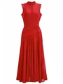 Detail of elegant red lace maxi dress with high neck and intricate hollow out patterns. - XS / Top And Bottom / Red