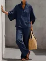 Dames tweedelige set van marineblauw katoen en linnen met shirt en wijde broek - Donkerblauw