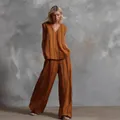 Ensemble deux pièces minimaliste français en lin à rayures verticales orange brûlé - Couleur caramel