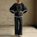 Elegant black cotton and linen two-piece set with bat sleeves and white piping trim details. - S / Top And Bottom / Black