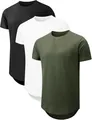 Close-up of three men's short-sleeved T-shirts in black, white, and olive green. - S / Tops / 3-Pack / Black, White and Green