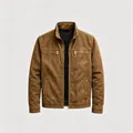 Close-up view of a vintage brown men's utility jacket featuring functional zipper pockets - 3XL / Tops / Brown