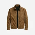 Close-up view of a vintage brown men's utility jacket featuring functional zipper pockets - 3XL / Tops / Brown