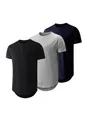 Selection of men's sports T-shirts in black grey navy blue with a unique curved hem design - S / Tops / 3-Pack / Black, Light Gray and Navy