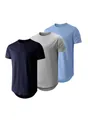 Set of three men's casual short sleeve T-shirts with curved hem in varied colors - S / Tops / 3-Pack / Navy Blue, Light Gray and Light Blue