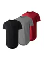 Three pack of men's short sleeve crew neck athletic T-shirts with curved hem in three colors - S / Tops / 3-Pack / Black + Dark Gray + Wine Red