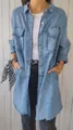 Detailed view of a women's light blue oversized denim-style shirt jacket in a casual outfit - S / Tops / Denim Blue