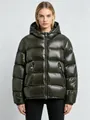 Shiny olive green hooded puffer jacket with thick padding for women winter outdoor - 3XL / Tops / Zipper Pocket Style / Dark Green