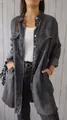 Detail of a charcoal denim-style long shirt with frayed edges and dual chest pockets. - S / Tops / Vintage Black