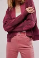 Detail of women's maroon knit cardigan with patchwork elbow patches and ribbed texture - S / Tops / Fuschia