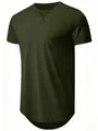 Detail view of men's olive green short sleeve athletic t-shirt with curved hem design - S / Tops / Army Green