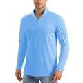 Detail view of men's light blue half-zip long-sleeve sports shirt with breathable fabric - S / Tops / Light Blue